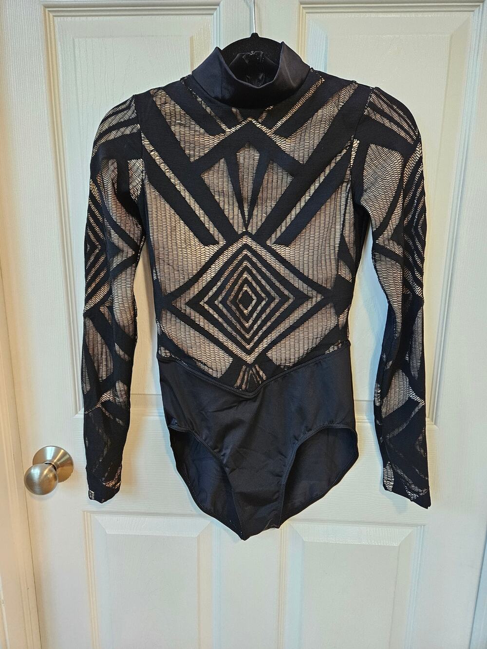 Balera MA Black Geometric Mesh Bodysuit Dance Costume Long Sleeve Mock Neck